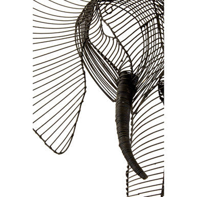 Black wireframe zania elephant head sculpture with intricate mesh detailing and textured trunk for wall decor
