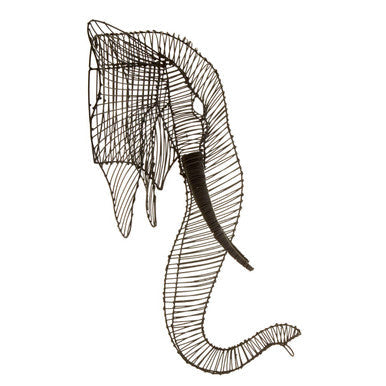 Wireframe zania elephant head sculpture with intricate black lines forming an elephant head design