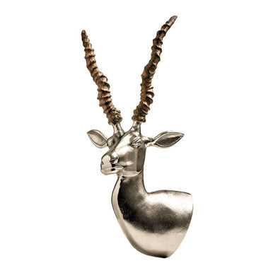 Silver gazelle wall-mounted sculpture with textured spiraled horns in metallic finish for stylish decor