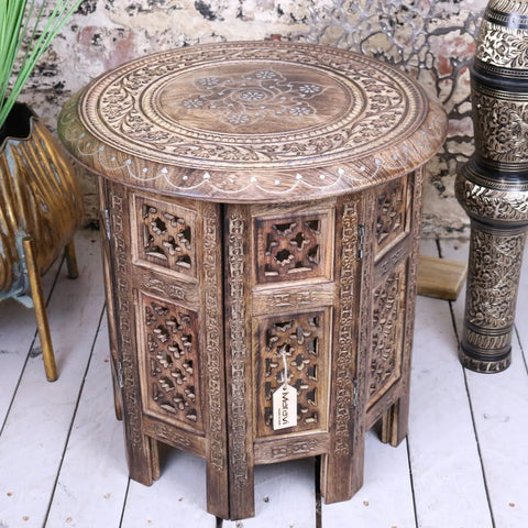 Zanskar small hand carved wooden octagonal side table with intricate floral patterns in warm antique brown tone