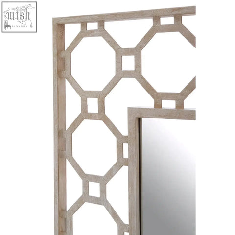 Zariah arabesque wall mirror with a light gray wooden frame and geometric lattice design for stylish wall decor