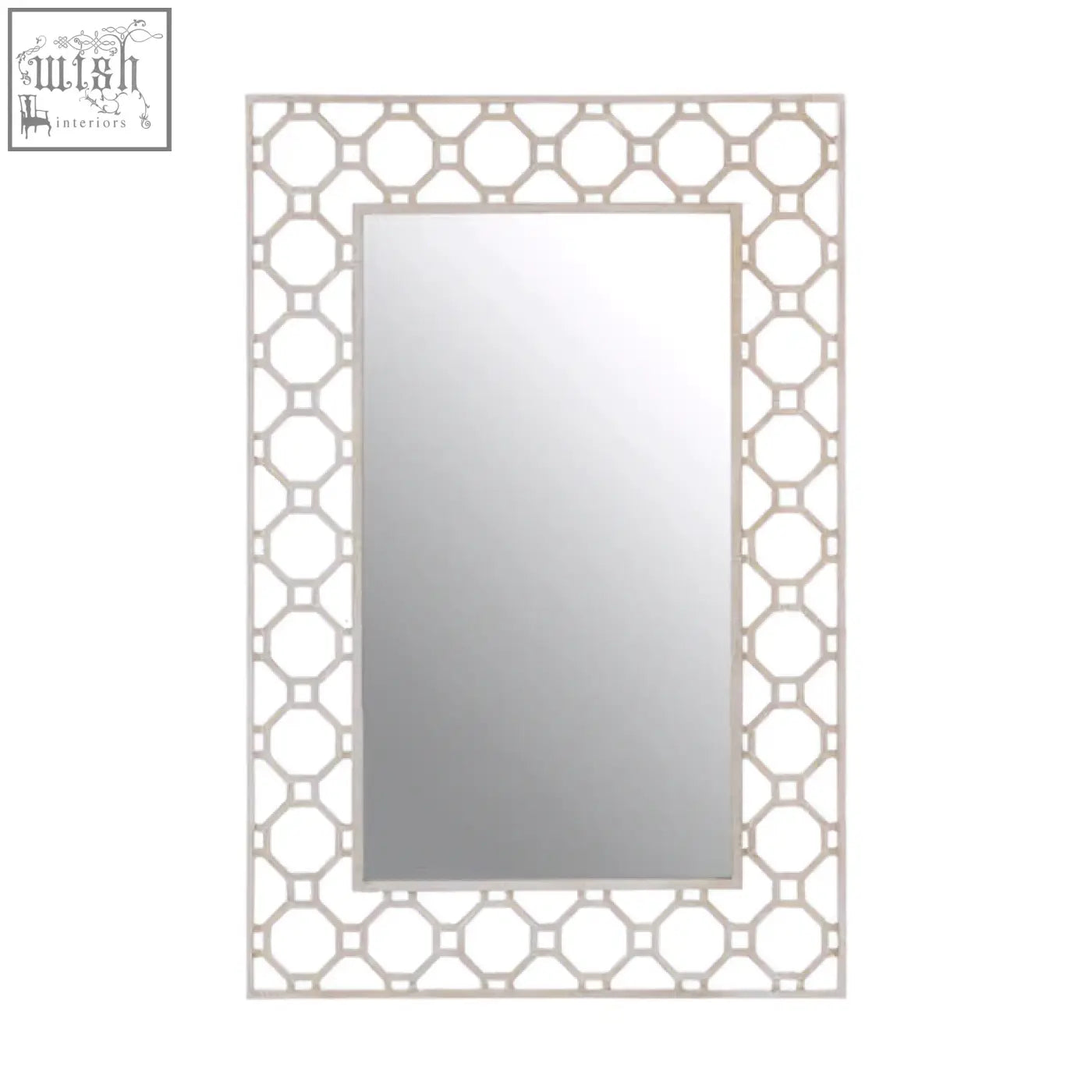 Silver-toned arabesque wall mirror with ornate geometric lattice frame for elegant wall decor