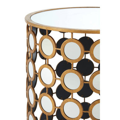 Zariah gold finish mirror side table with gold-toned circular mirror top and alternating black and mirrored disc panels