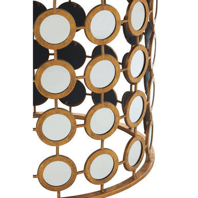 Zariah gold finish mirror side table with a gold-toned cylindrical lampshade featuring mirrored and black panels