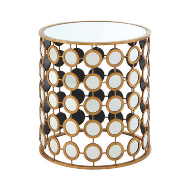 Zariah gold finish mirror side table with gold tone cylinder base and circular mirrored panels in black and gold frame