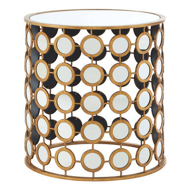 Zariah gold finish mirror side table with gold-toned cylindrical base and circular mirrored top and panels