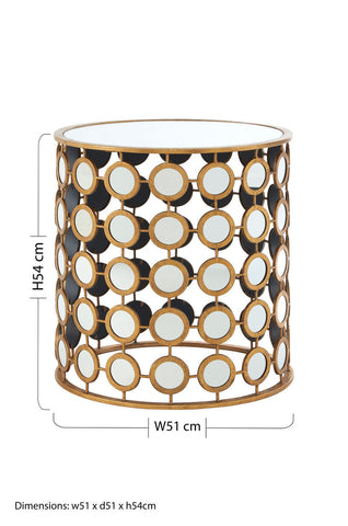 Zariah gold finish mirror side table with gold-toned cylindrical base and geometric circular mirrored top and panels