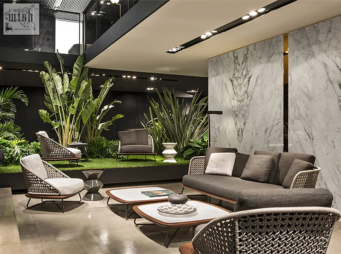Gray woven wicker zarina outdoor sofa with matching cushions and sleek wooden frame in outdoor sofa set