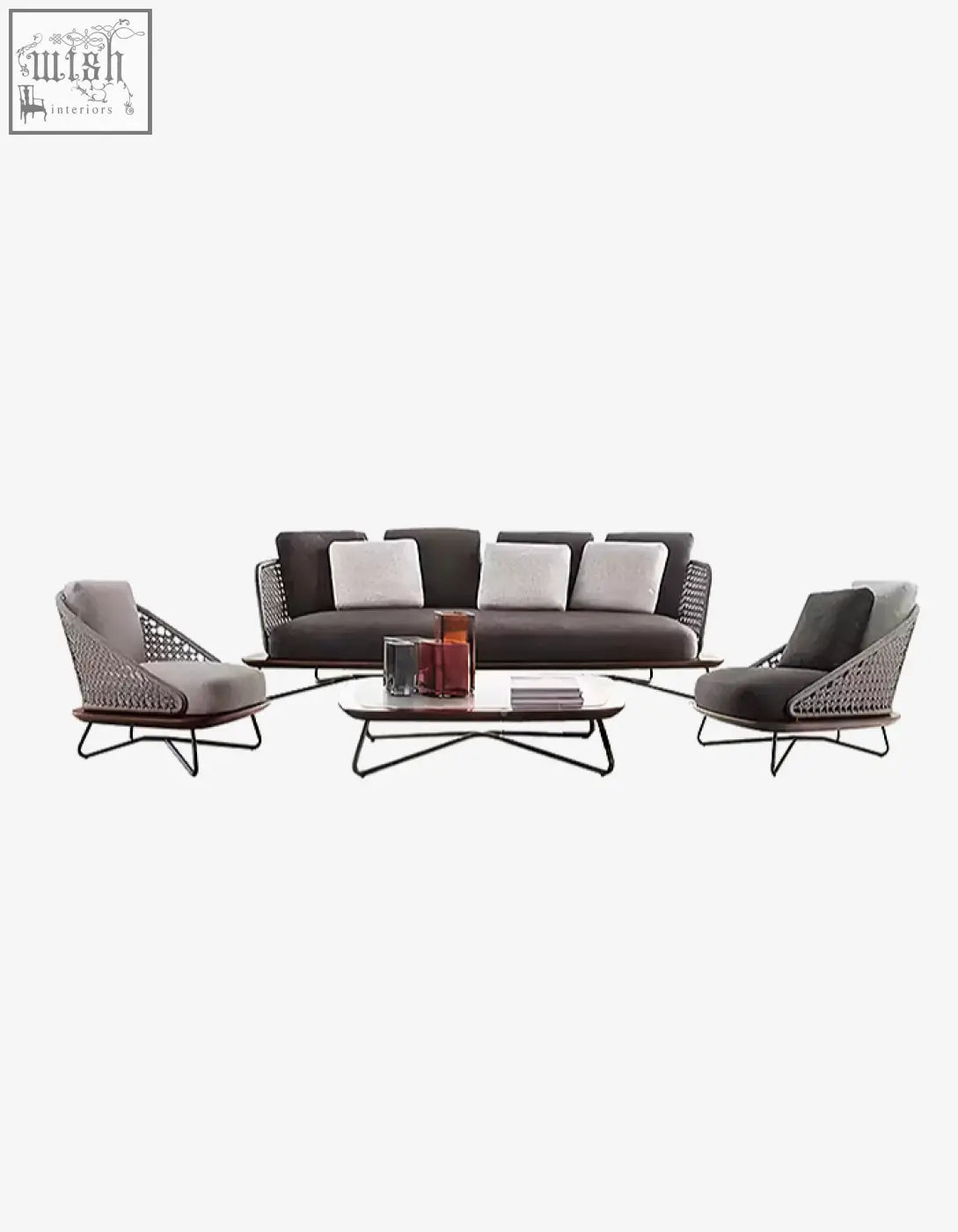 Modern zarina outdoor sofa set with dark gray cushions and light gray woven frames on sleek metal base