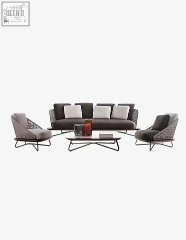 Modern zarina outdoor sofa set with dark gray cushions and light gray woven frames on sleek metal base