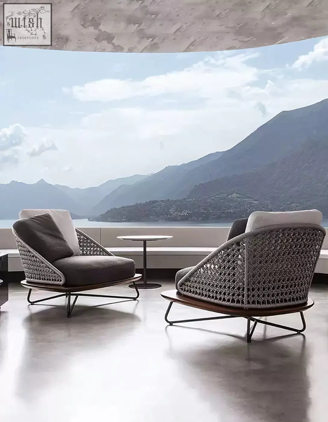 Modern gray woven lounge chairs with sleek metal frames and plush cushions in zarina outdoor sofa set