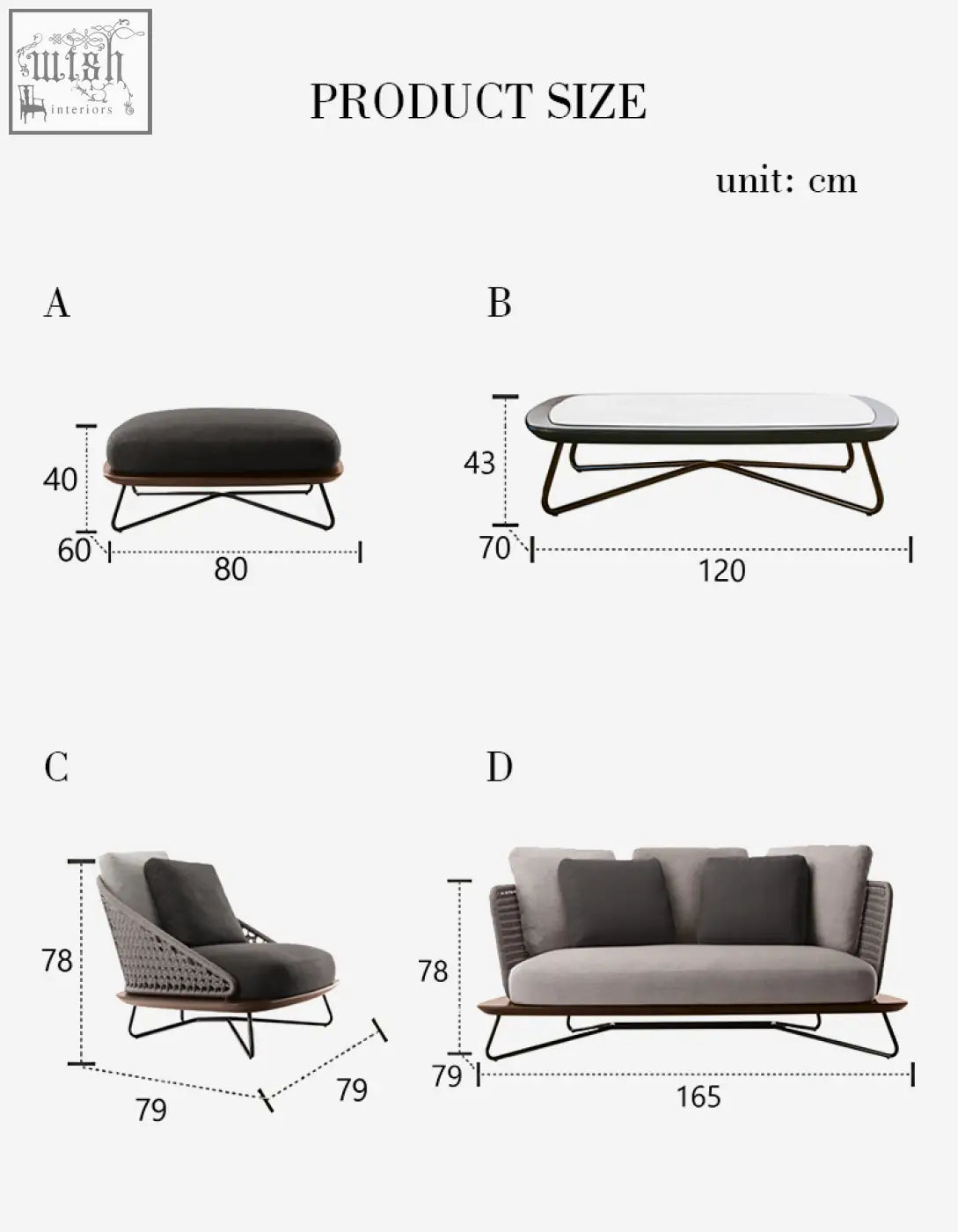 Modern minimalist zarina outdoor sofa with woven gray fabric and black metal legs in an outdoor sofa set