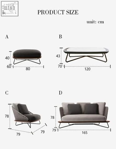 Modern minimalist zarina outdoor sofa with woven gray fabric and black metal legs in an outdoor sofa set