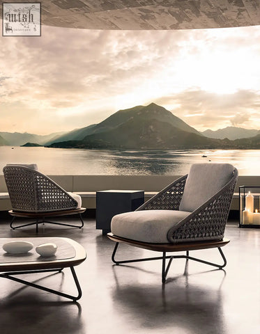 Modern woven zarina outdoor sofa armchair with gray textured fabric and black metal legs for outdoor sofa set