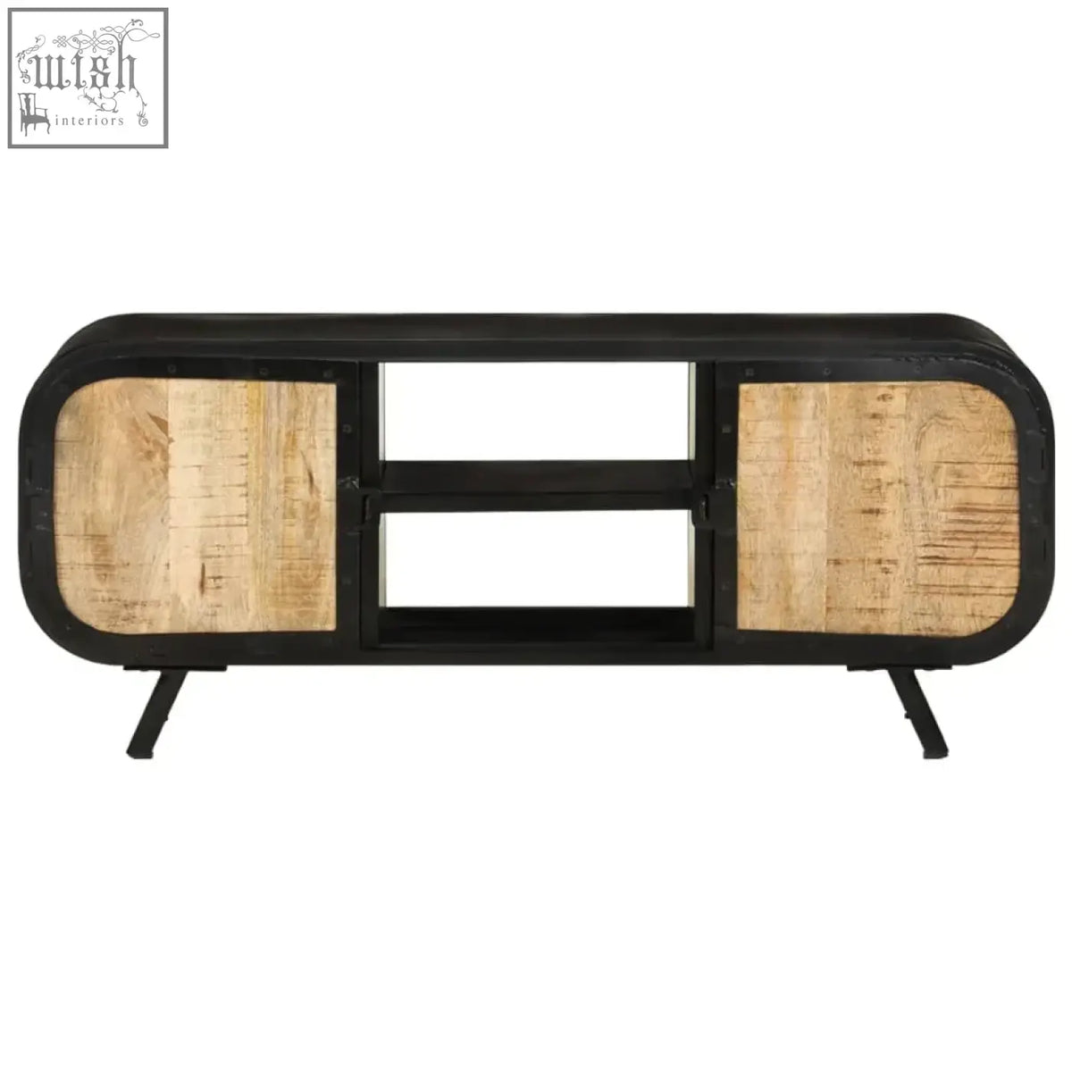 Black metal-framed zarnik mango wood 110cm media console with light wooden panels and rustic industrial design