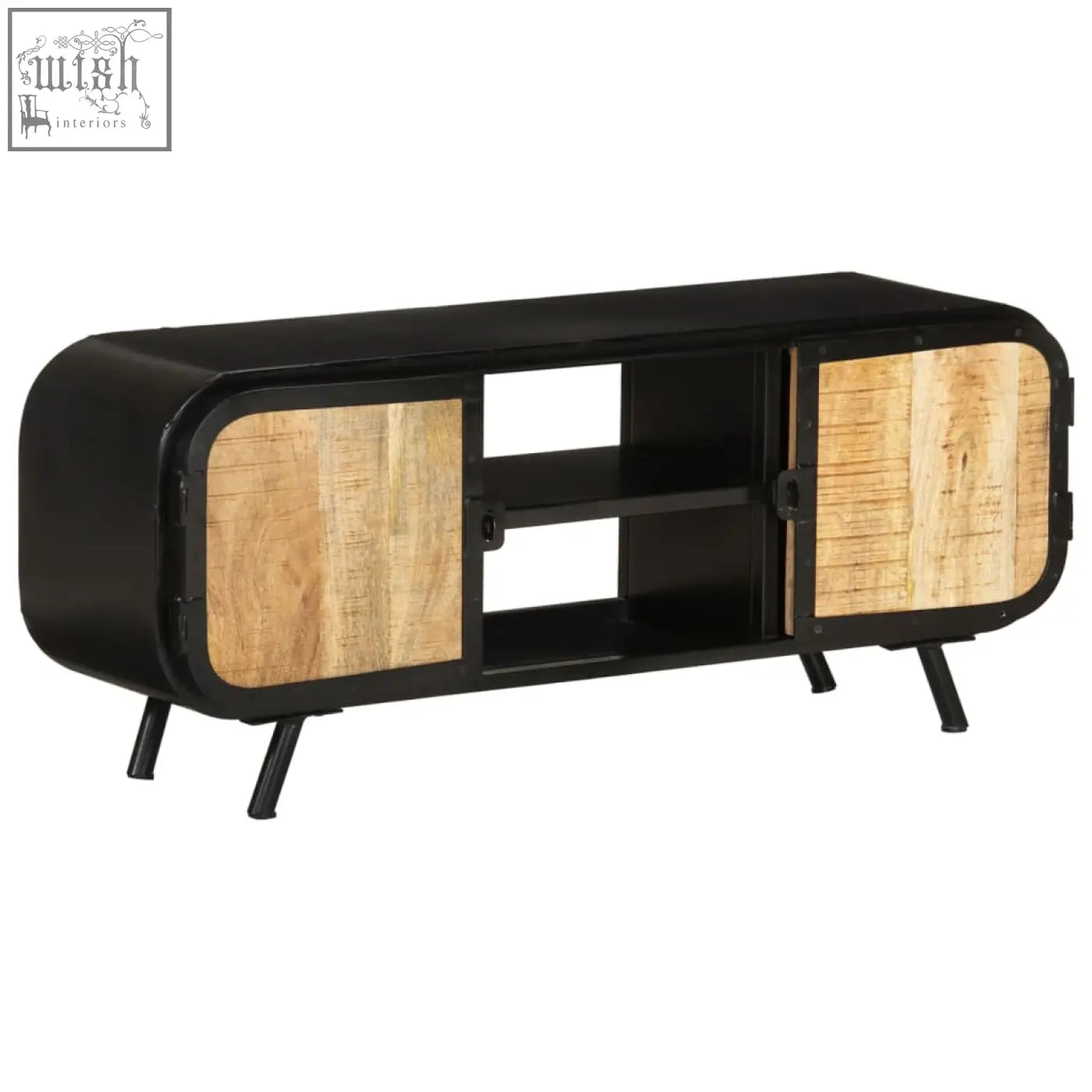 Black metal tv stand with curved sides, light mango wood doors and central shelf from zarnik mango wood 110cm range