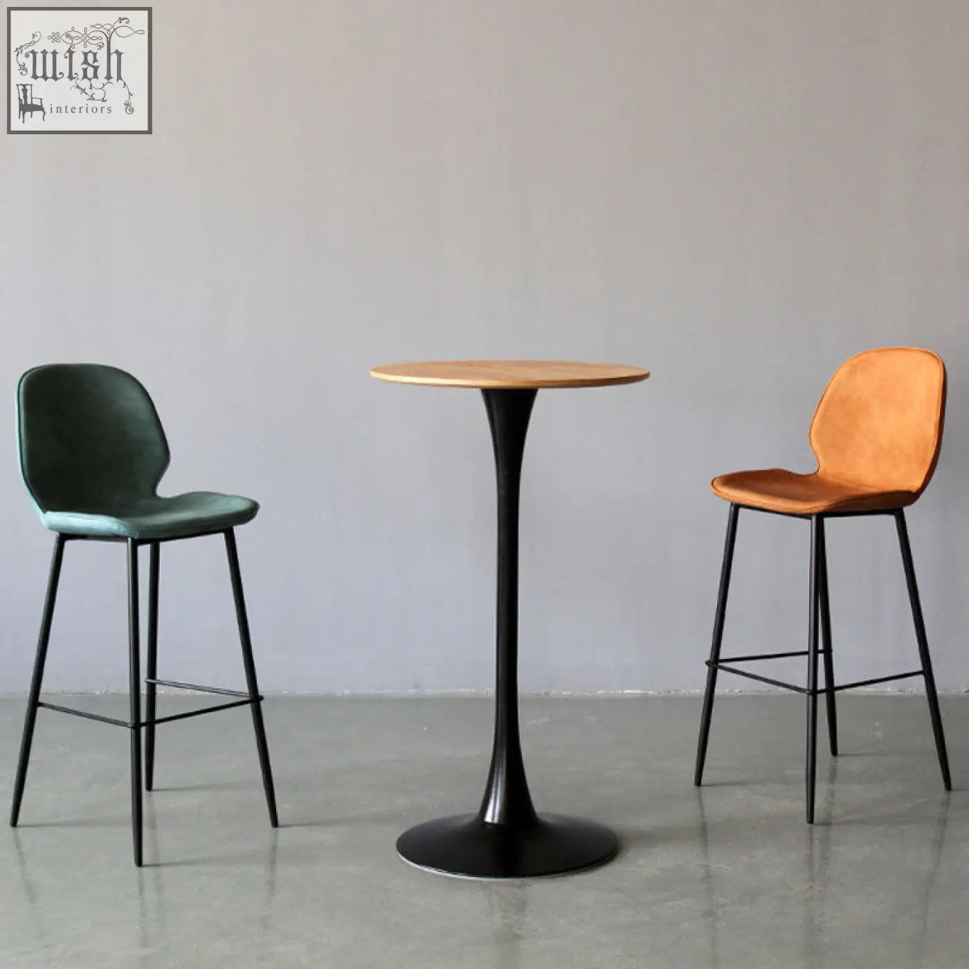 Black pedestal table with round wooden top paired with zavier bar stool painted steel dimensions visible