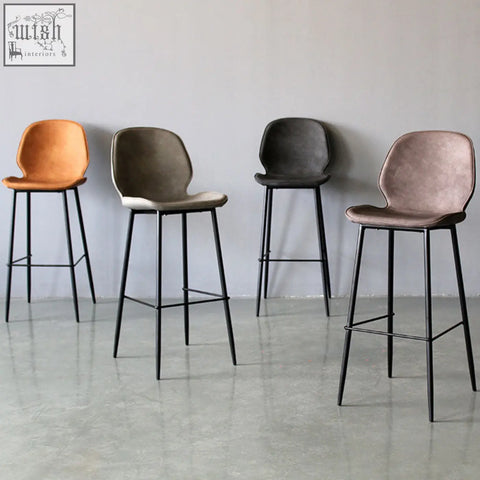 Four zavier bar stools with upholstered seats in orange gray black dusty rose and painted steel dimensions legs