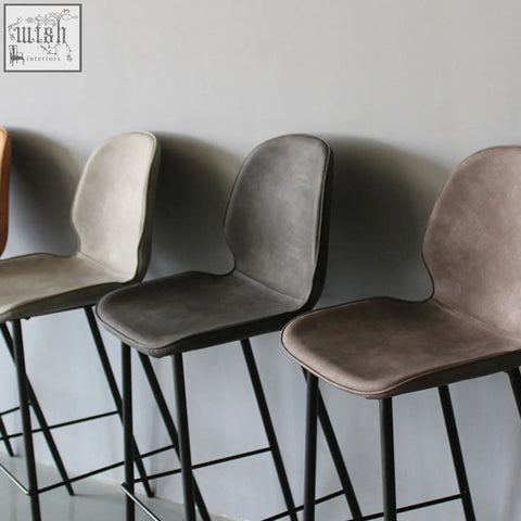 Modern zavier bar stool with upholstered gray beige taupe seats and sleek black painted steel dimensions frame