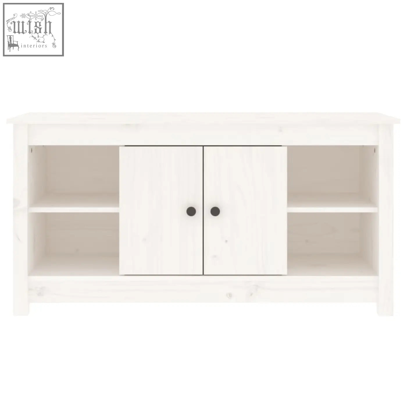 White wooden media console with solid wood straight grain patterns and two sliding doors from zavren pinewood 103cm