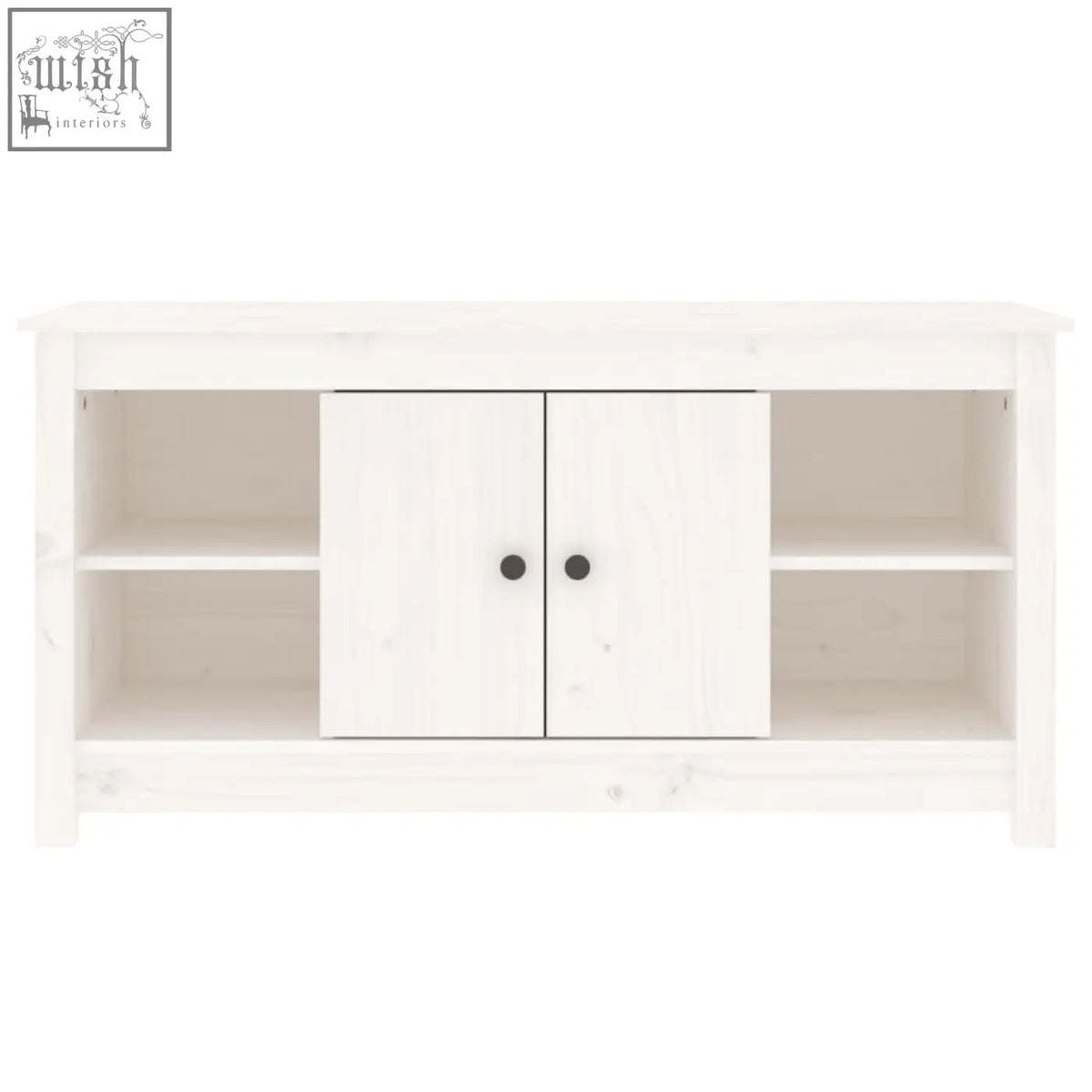 White wooden media console with solid wood straight grain patterns and two sliding doors from zavren pinewood 103cm