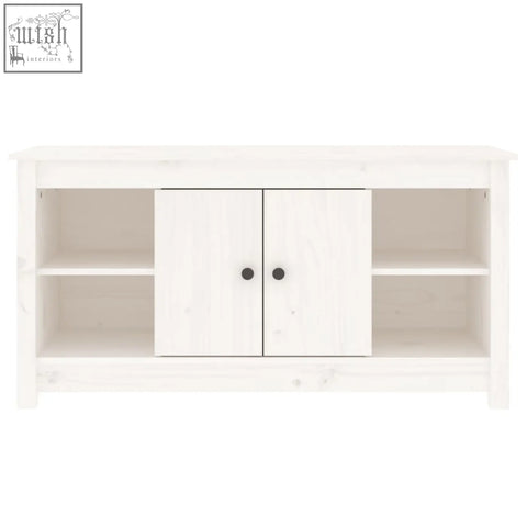 White wooden media console with solid wood straight grain patterns and two sliding doors from zavren pinewood 103cm