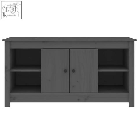 Gray wooden tv stand with two cabinets and open shelving made of solid zavren pinewood 103cm with straight grain patterns