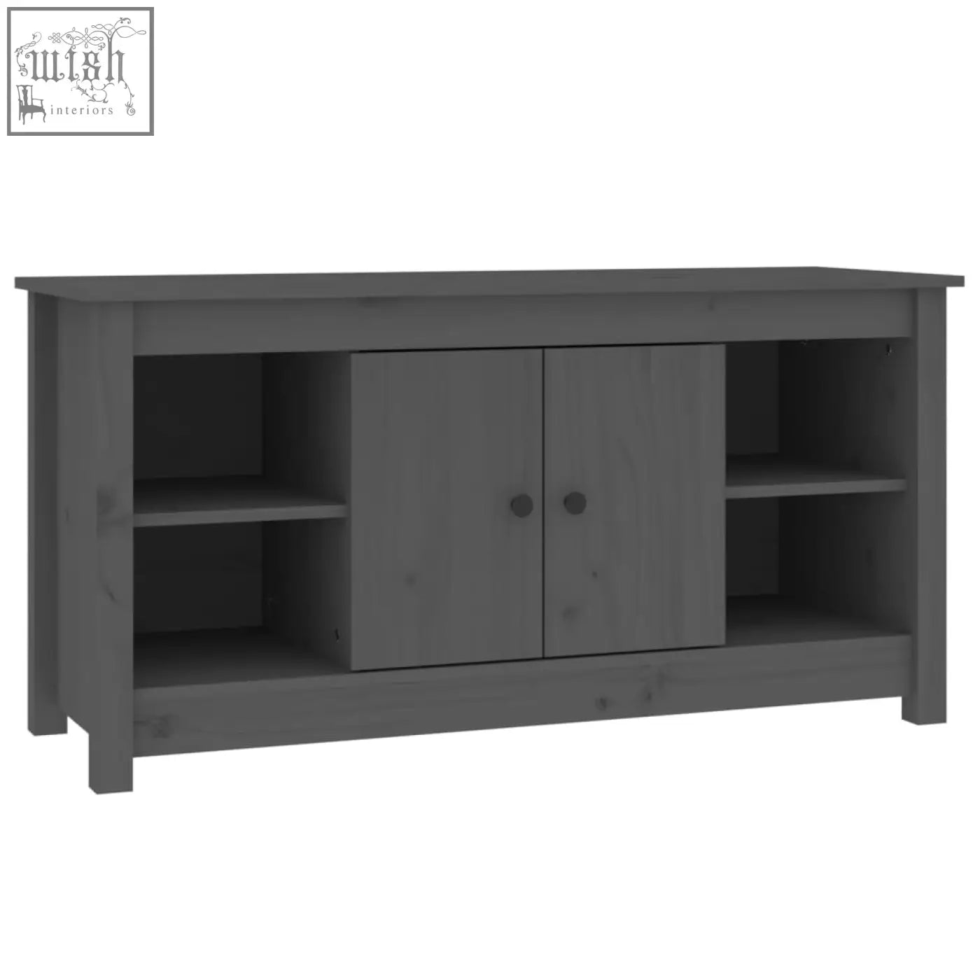 Gray wooden media console with straight grain patterns, two cabinet doors, open shelving, solid wood zavren pinewood 103cm