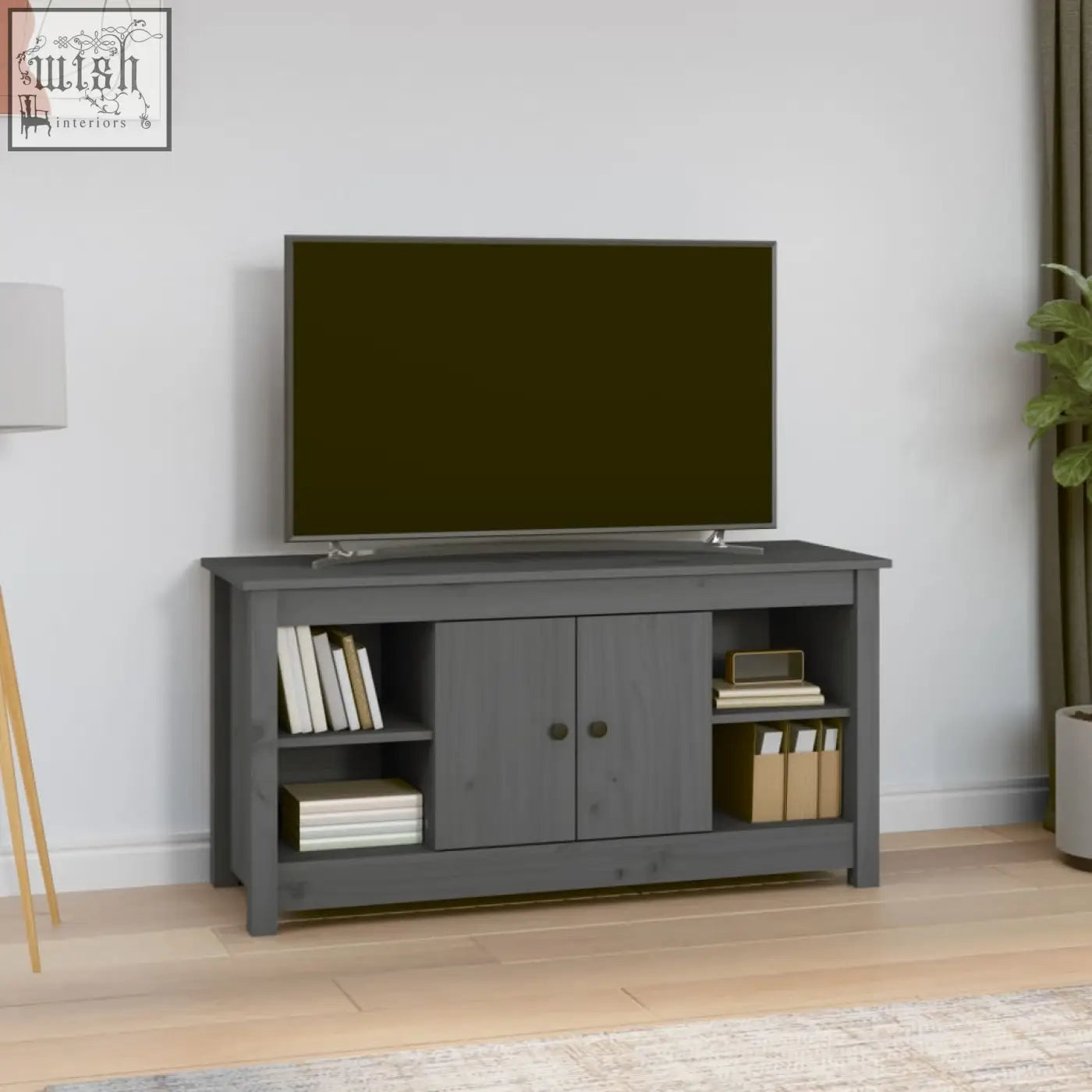 Gray wooden tv stand with two cabinet doors and open shelving made from solid wood featuring straight grain patterns zavren pinewood 103cm