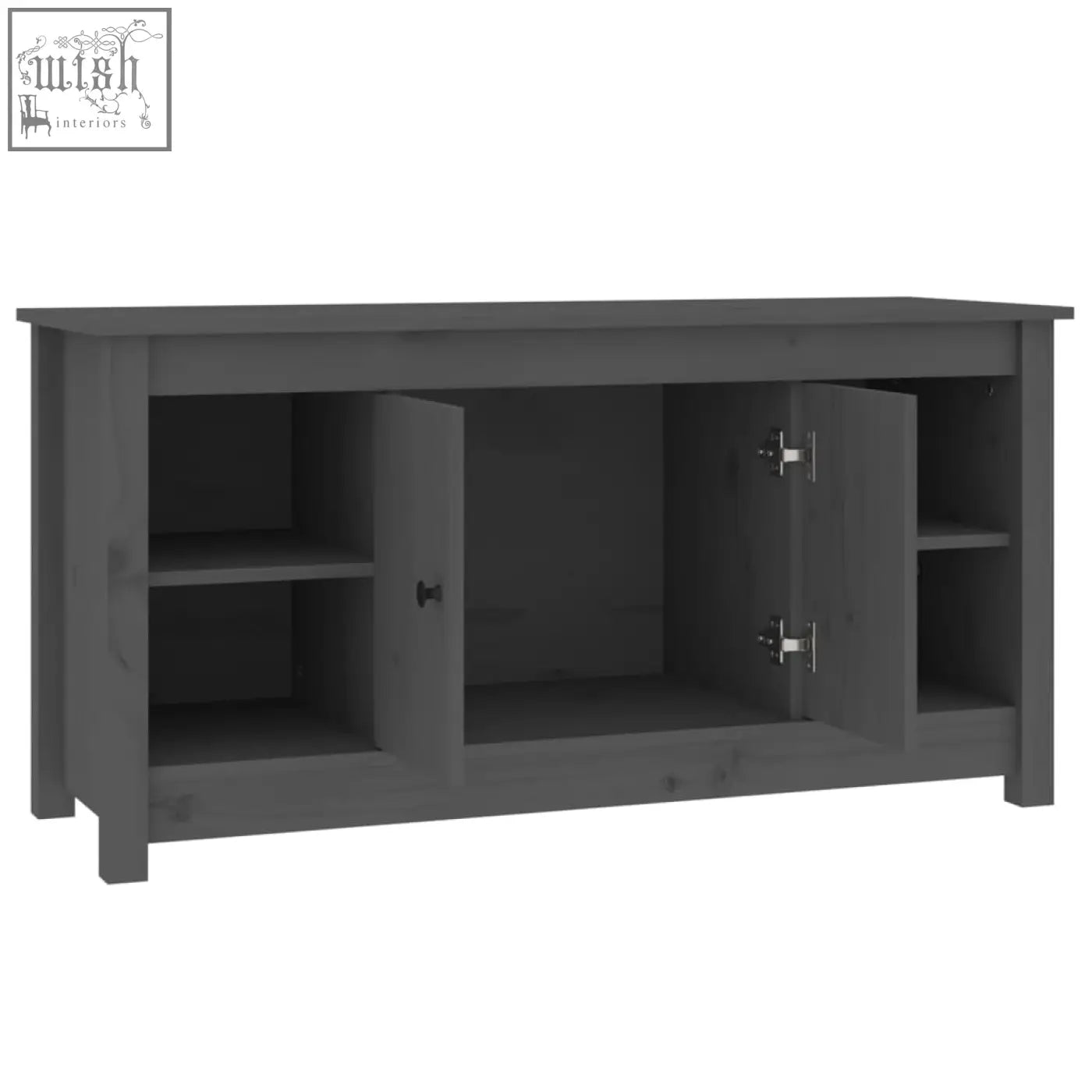 Gray solid wood tv stand with two open shelved doors showing straight grain patterns zavren pinewood 103cm