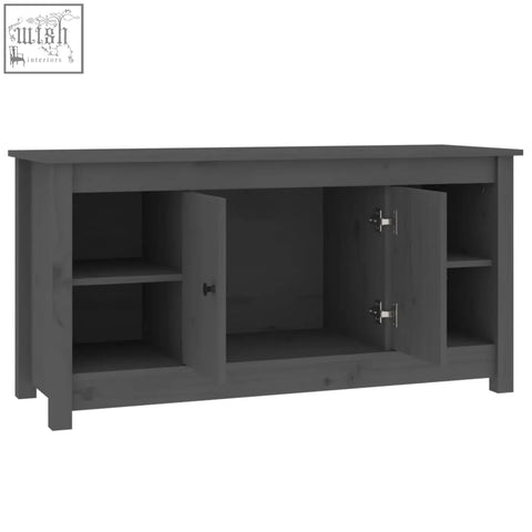 Gray solid wood tv stand with two open shelved doors showing straight grain patterns zavren pinewood 103cm