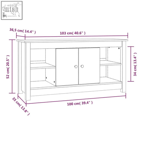 White wooden media console with two cabinet doors and open shelving showcasing straight grain patterns in zavren pinewood 103cm solid wood design