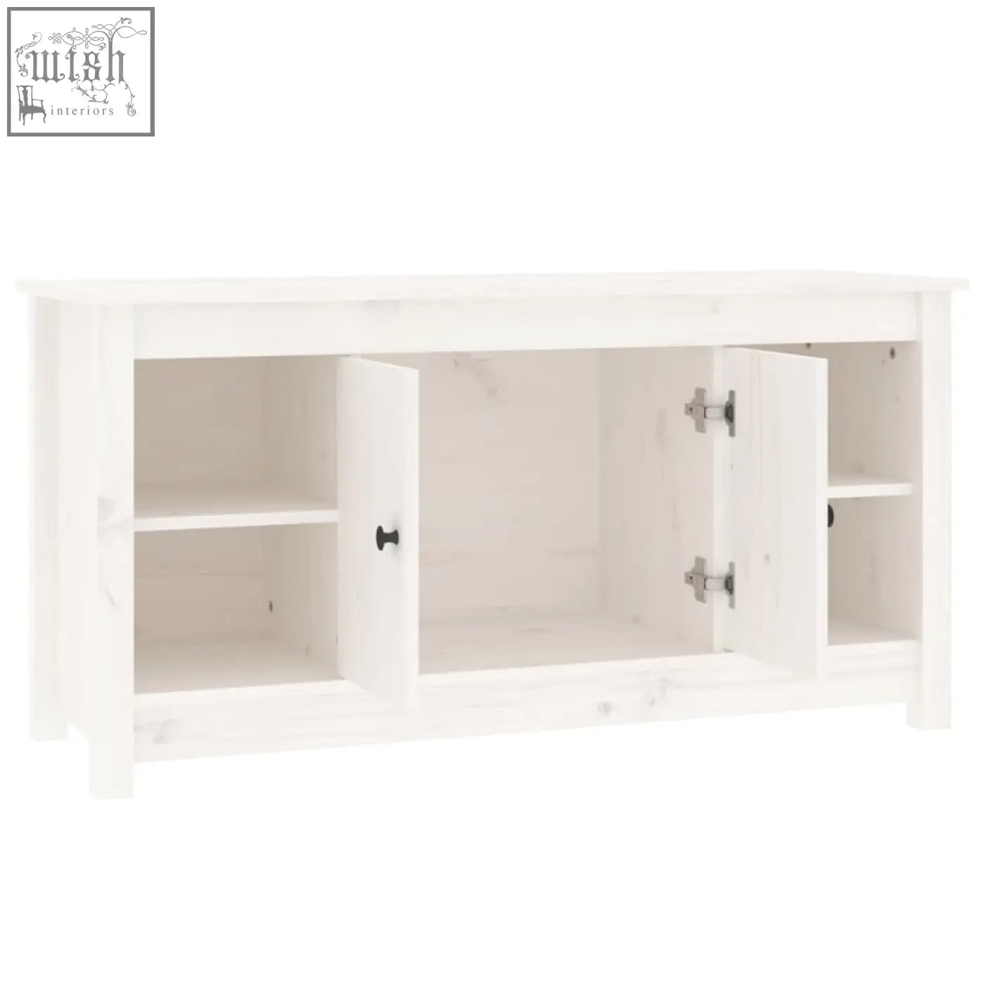 White wooden zavren pinewood 103cm media console with solid wood shelves, black round knobs, and straight grain patterns