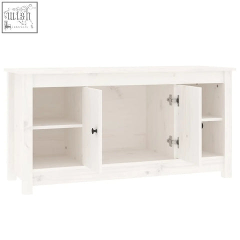 White wooden zavren pinewood 103cm media console with solid wood shelves, black round knobs, and straight grain patterns