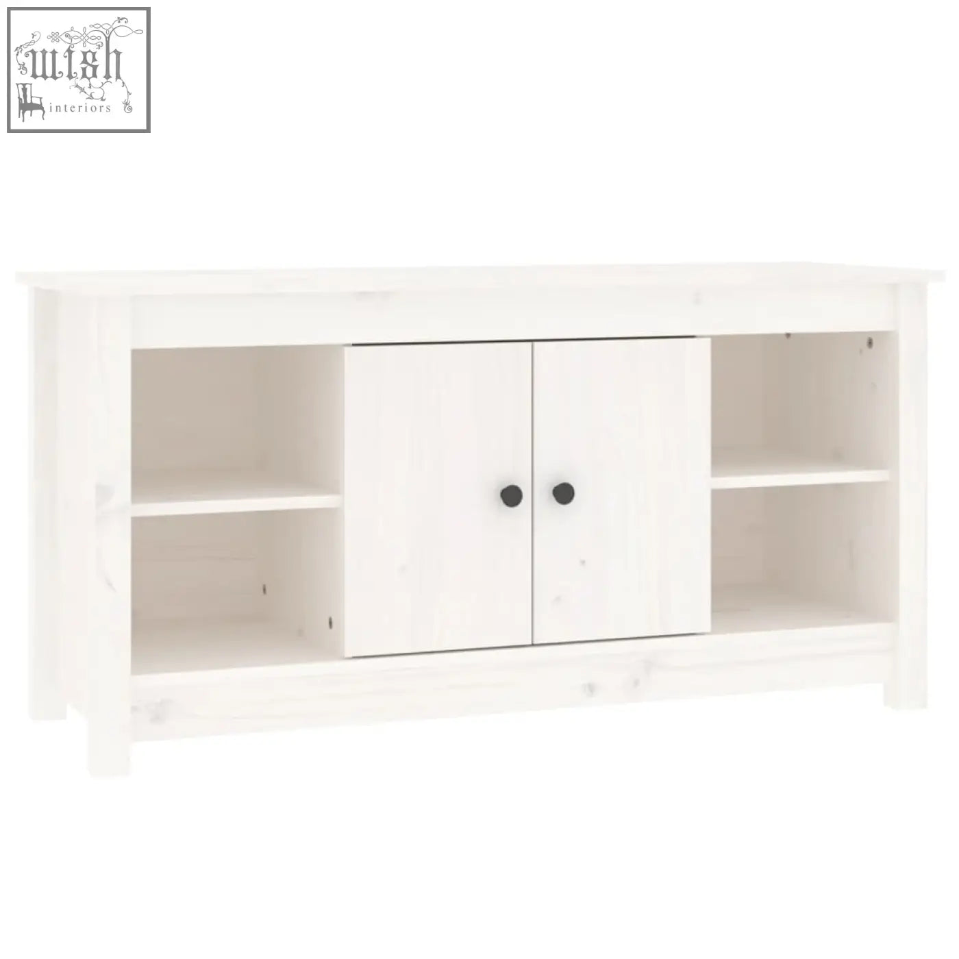 White wooden media console with black knobs made of solid wood featuring straight grain patterns zavren pinewood 103cm