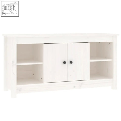 White wooden media console with black knobs made of solid wood featuring straight grain patterns zavren pinewood 103cm