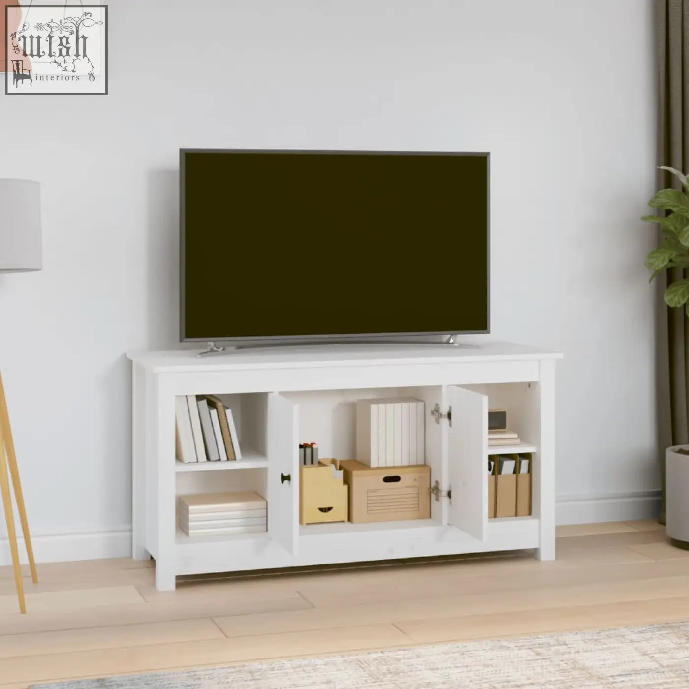 White wooden tv stand with open cabinet doors featuring straight grain patterns made from solid zavren pinewood 103cm