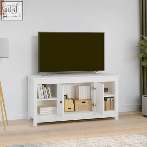 White wooden tv stand with open cabinet doors featuring straight grain patterns made from solid zavren pinewood 103cm