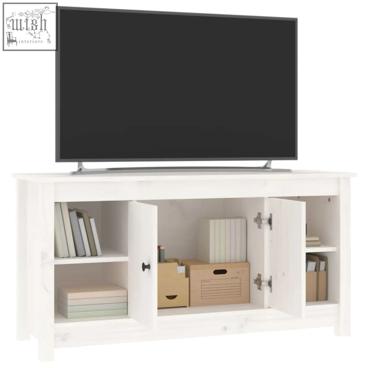White wooden tv stand zavren pinewood 103cm with two open doors showing shelves and solid wood straight grain patterns