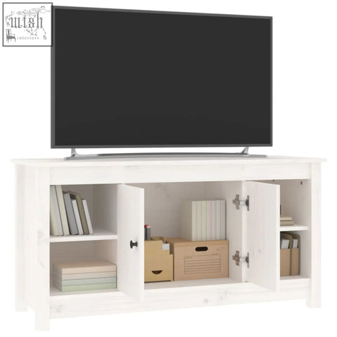 White wooden tv stand zavren pinewood 103cm with two open doors showing shelves and solid wood straight grain patterns