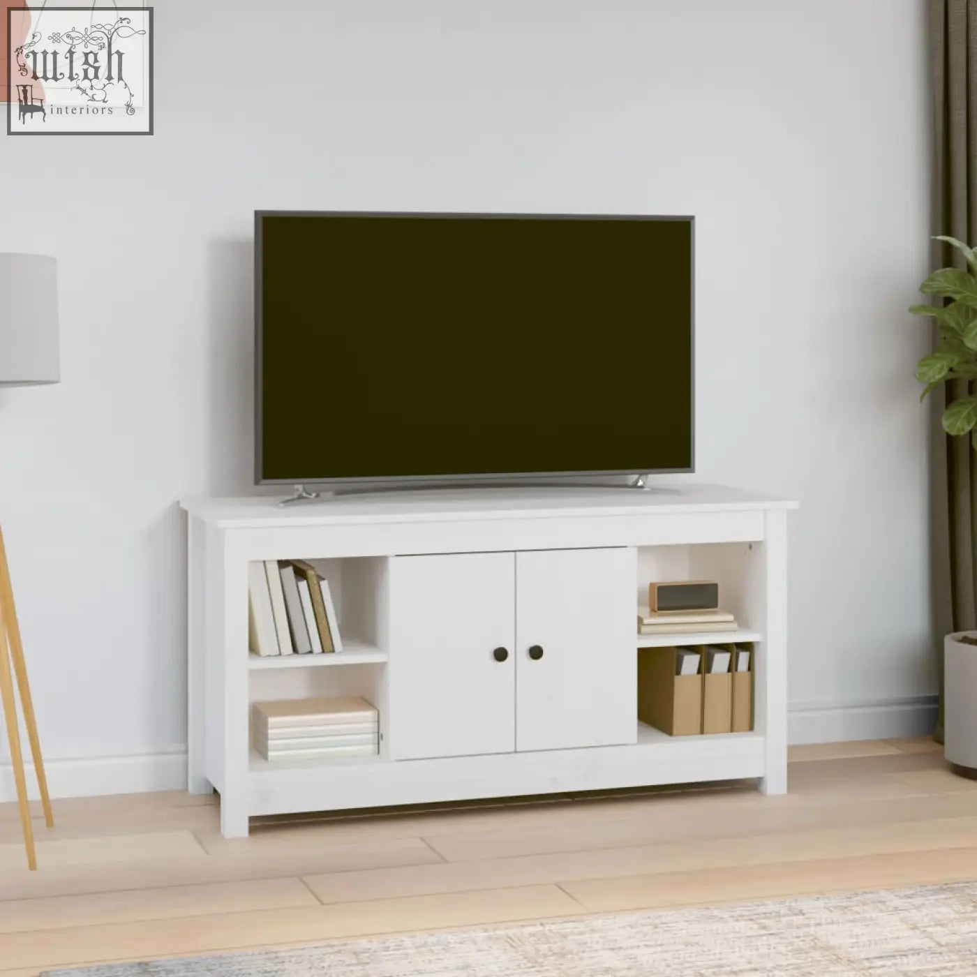 White wooden tv stand with solid wood straight grain patterns and two cabinets from zavren pinewood 103cm range