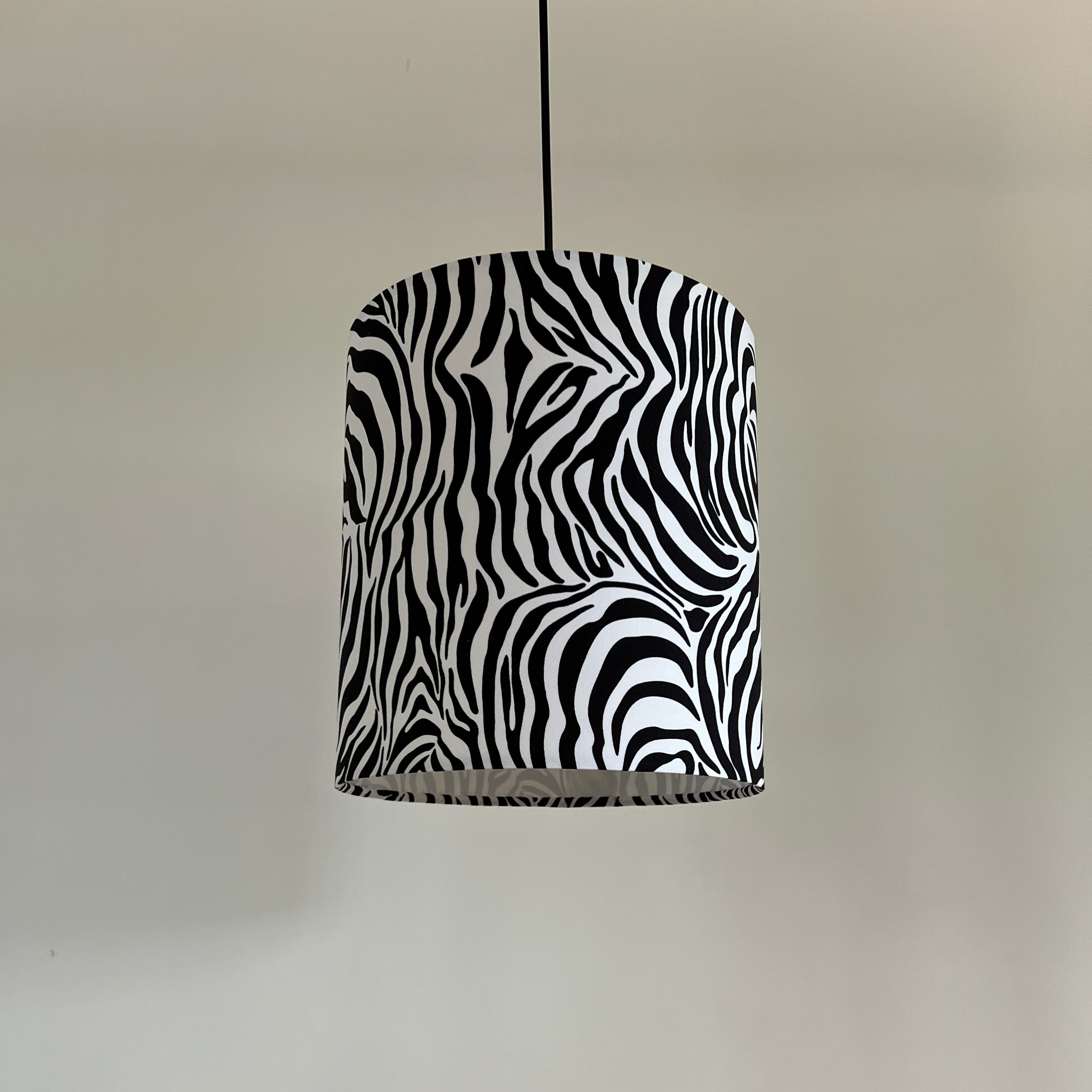 Black and white zebra cotton drum lampshade with 30cm height and ceiling shade fitting sits 3-4cm white lining