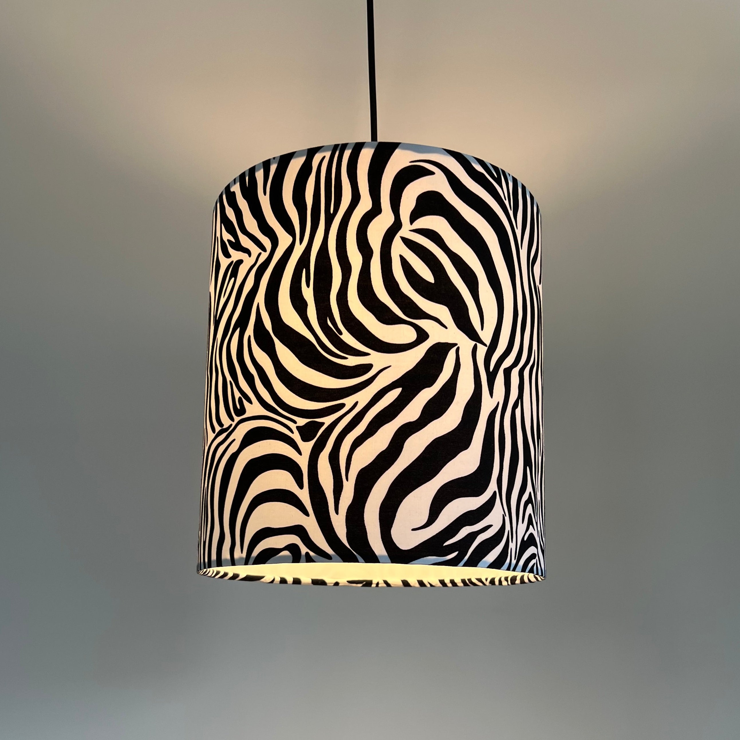 Zebra cotton drum lampshade with black and cream fabric, 30cm height, ceiling shade fitting sits 3-4cm