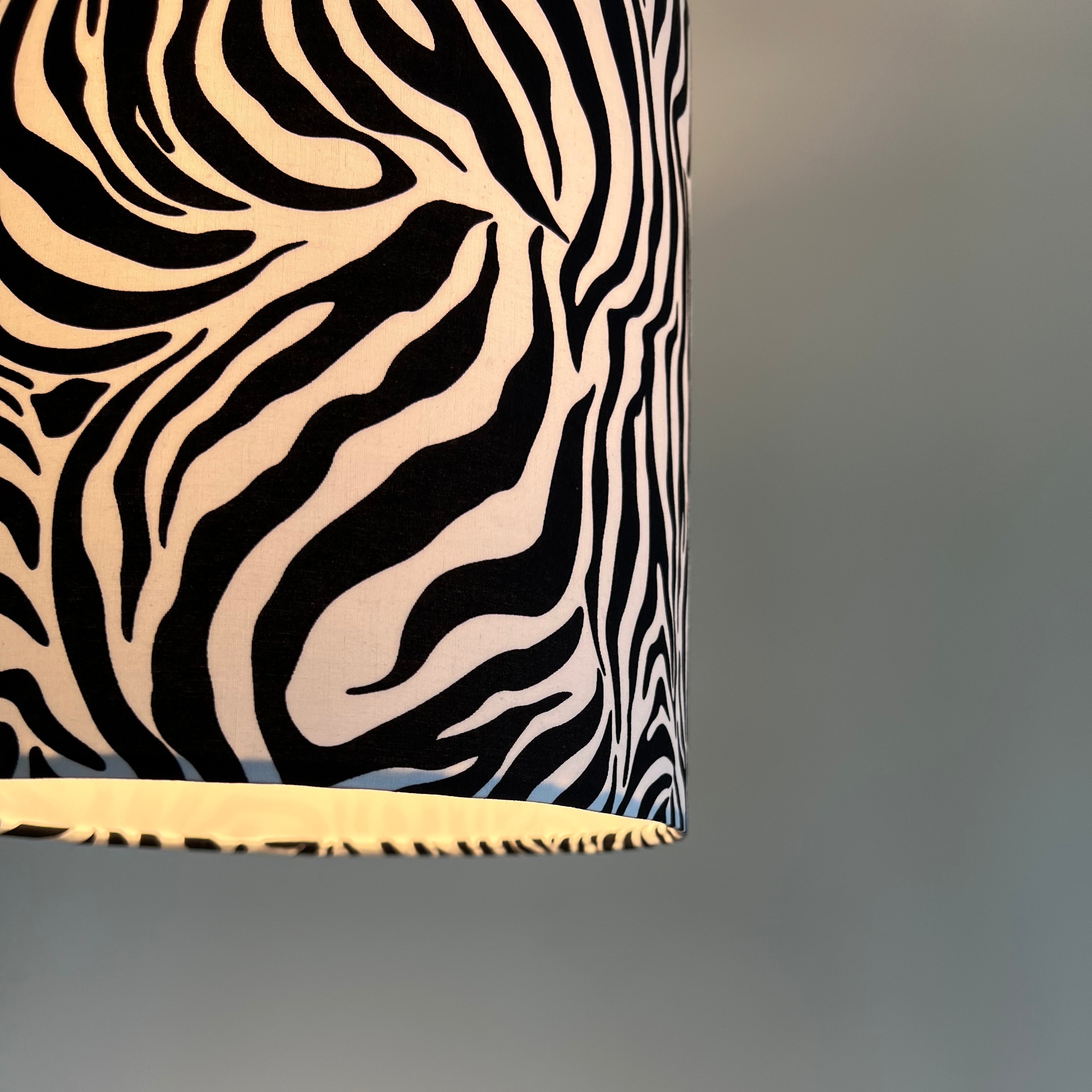 Black and cream zebra cotton drum lampshade with soft fabric texture 30cm height ceiling shade fitting sits 3-4cm