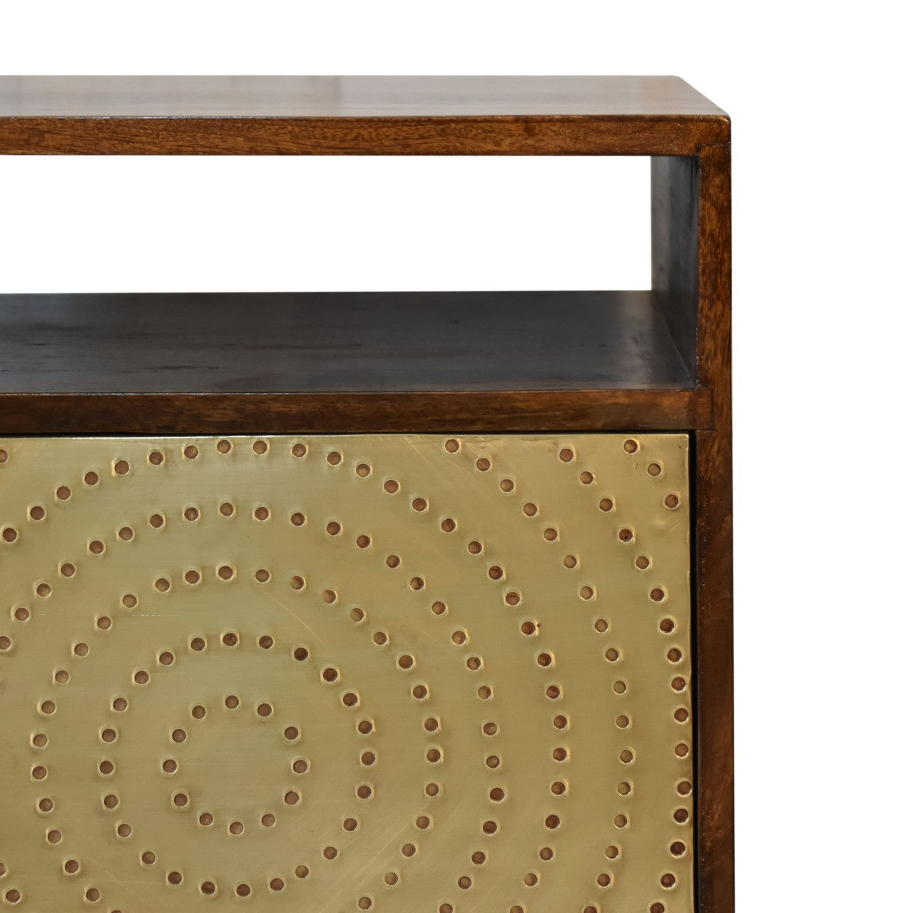 Bronze metal panel with circular hole patterns framed by dark wood on zen bedside table chestnut solid mango wood