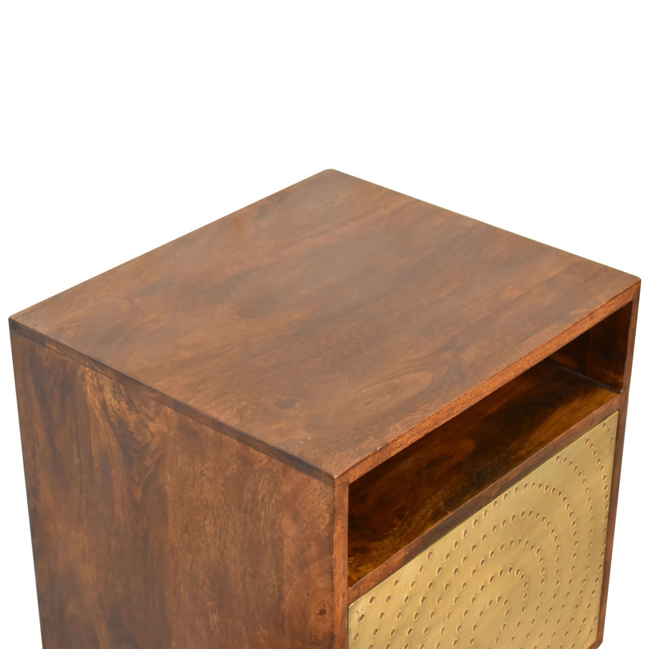 Brown wooden zen bedside table with brass panel and concentric circles made of chestnut solid mango wood