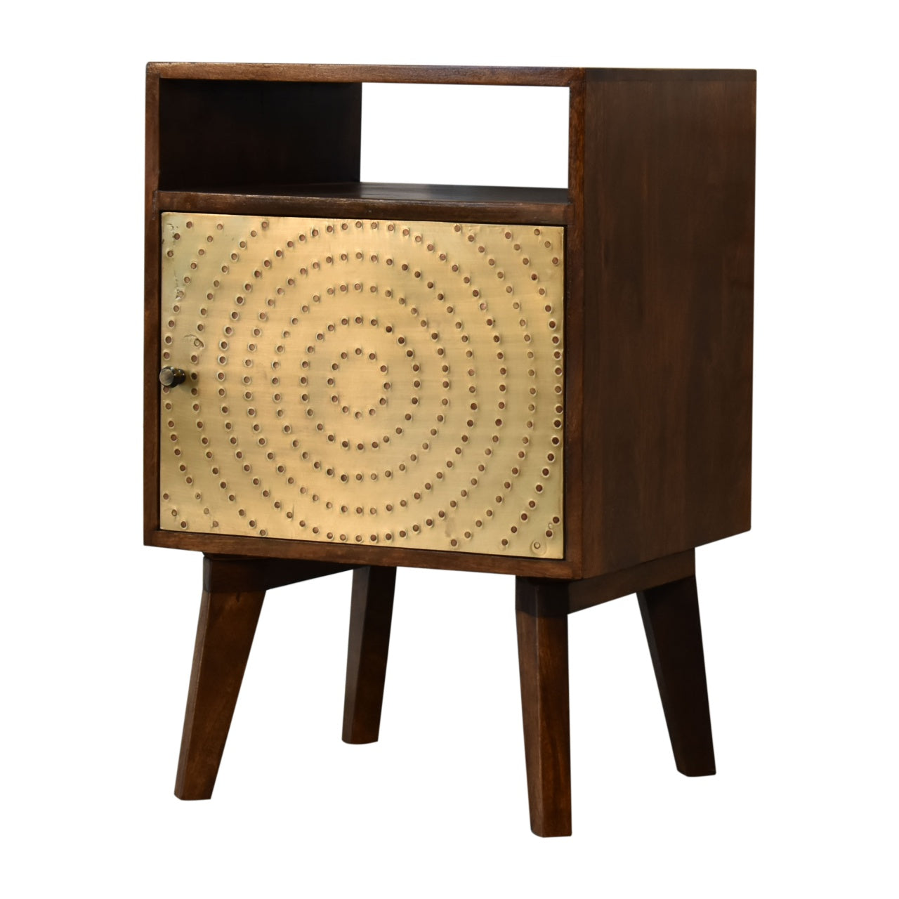Dark wood zen bedside table with brass door and concentric rivet patterns made from chestnut solid mango wood