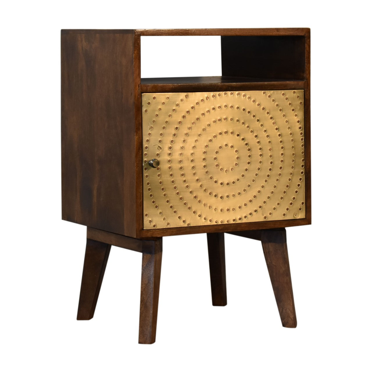 Dark wood zen bedside table with gold-toned circular studded metal door made of chestnut solid mango wood