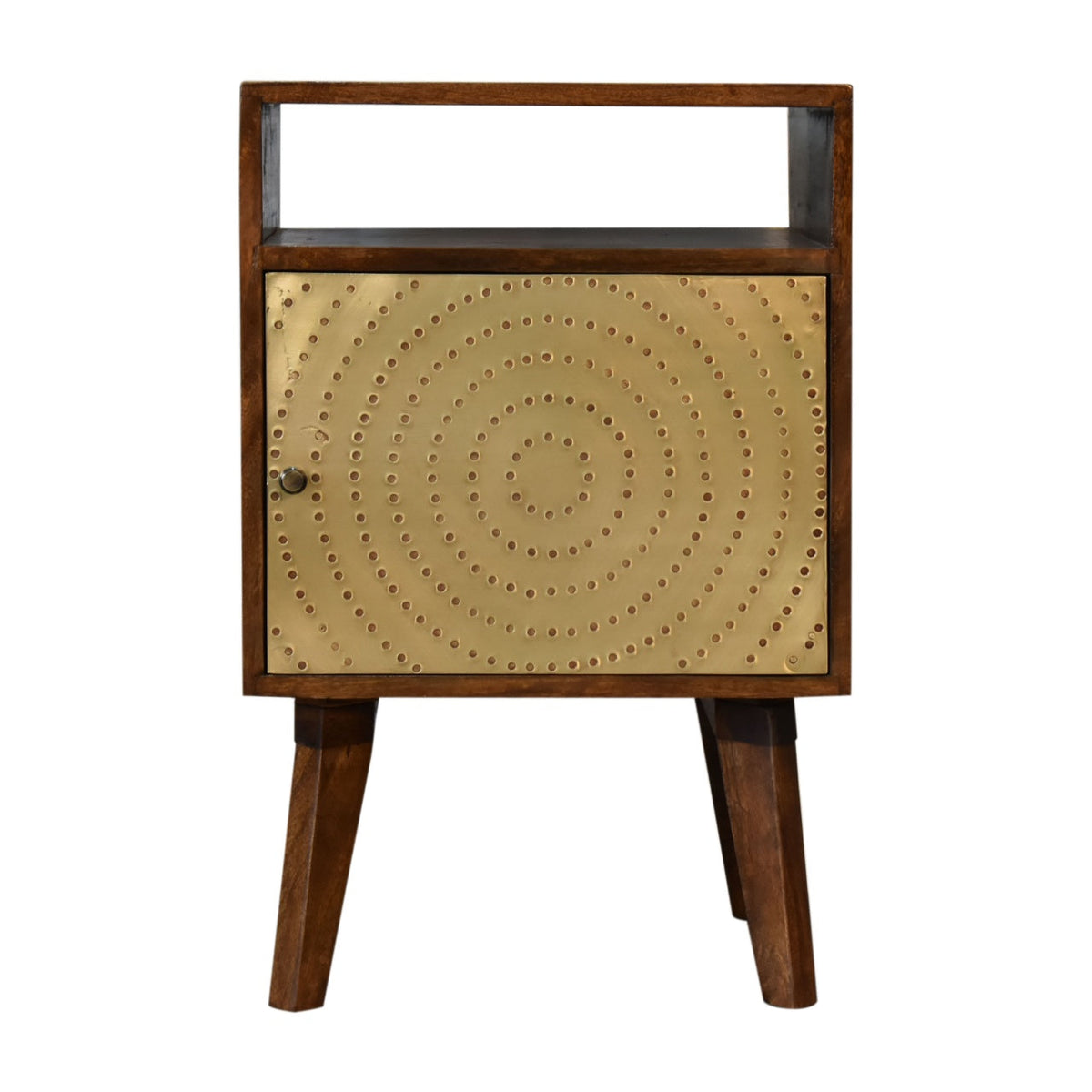 A mid-century modern zen bedside table with dark wood frame and gold riveted metal door in chestnut mango wood