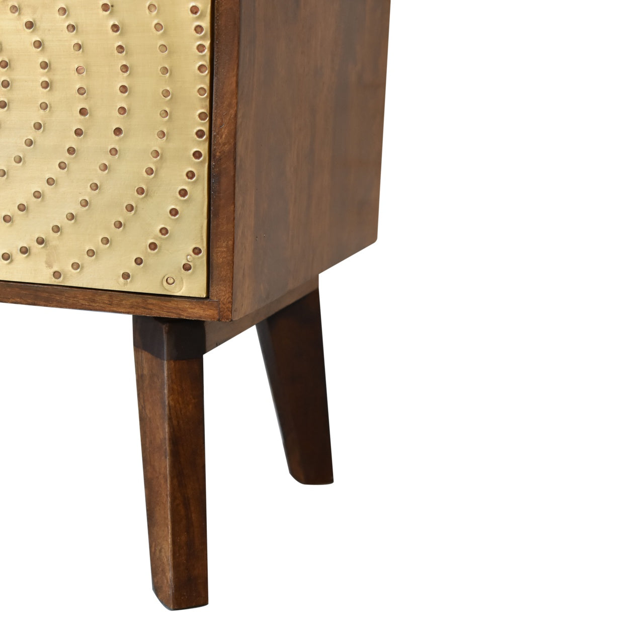 A mid-century modern zen bedside table with chestnut solid mango wood frame and beige metal panel with brass rivets